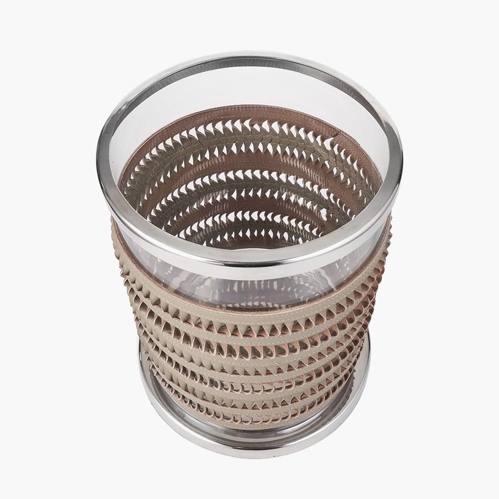 Silver Metal, Clear Glass and Grey Plaited Leather Hurricane Small.