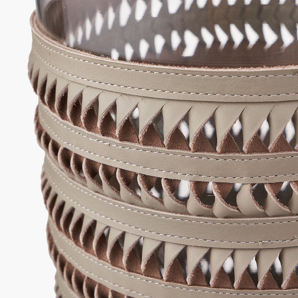 Silver Metal, Clear Glass and Grey Plaited Leather Hurricane Small.