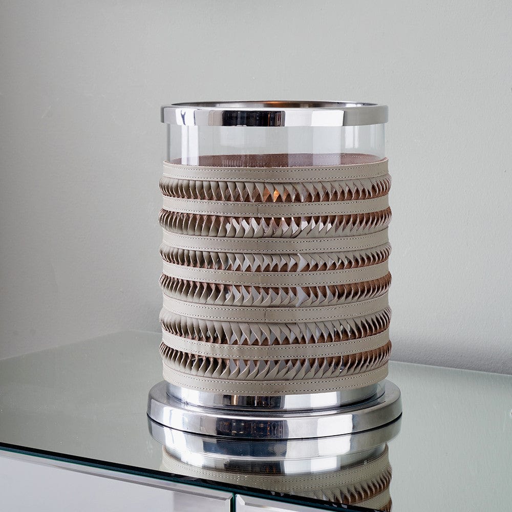 Silver Metal, Clear Glass and Grey Plaited Leather Hurricane Small.