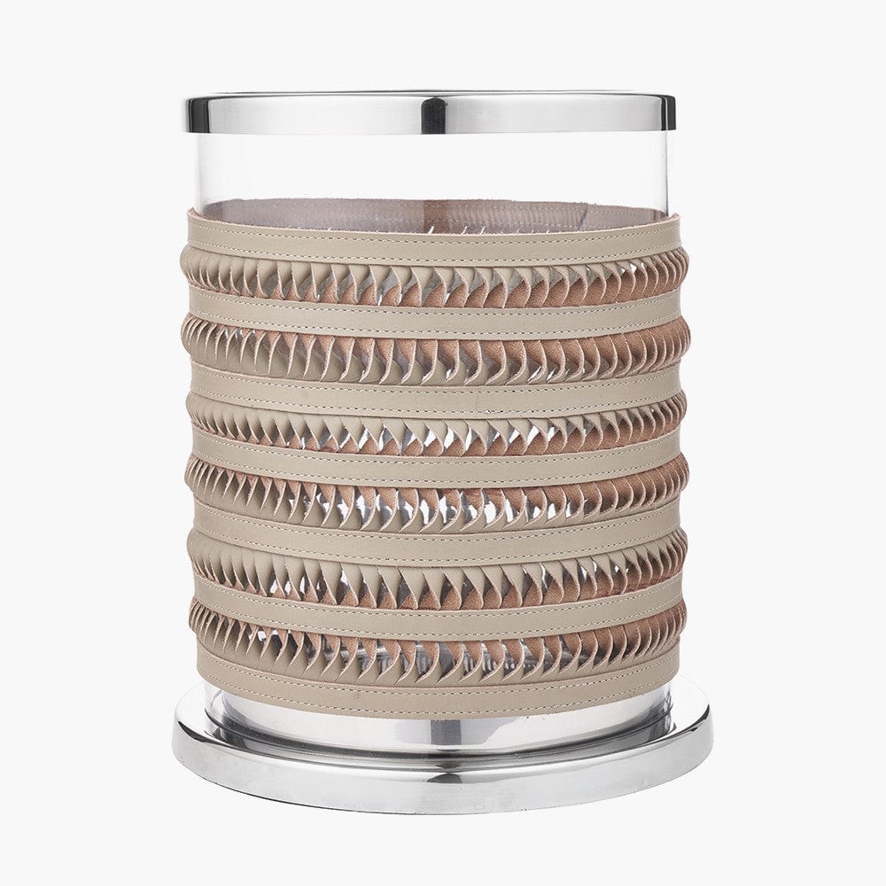 Silver Metal, Clear Glass and Grey Plaited Leather Hurricane Small.