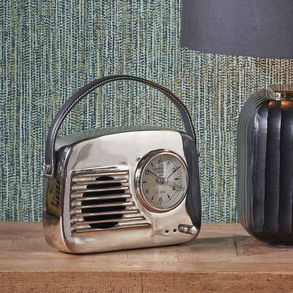 Silver Metal Retro Radio Style Table Clock.