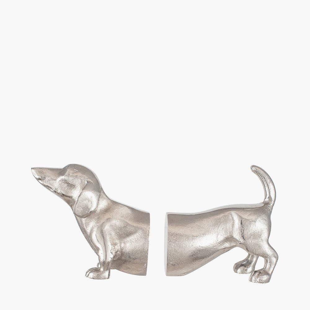 Silver Metal Sausage Dog Book Ends.