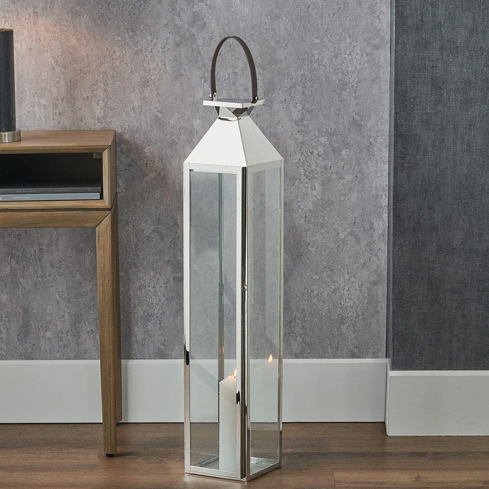 Silver Stainless Steel and Glass Large Tall Lantern.