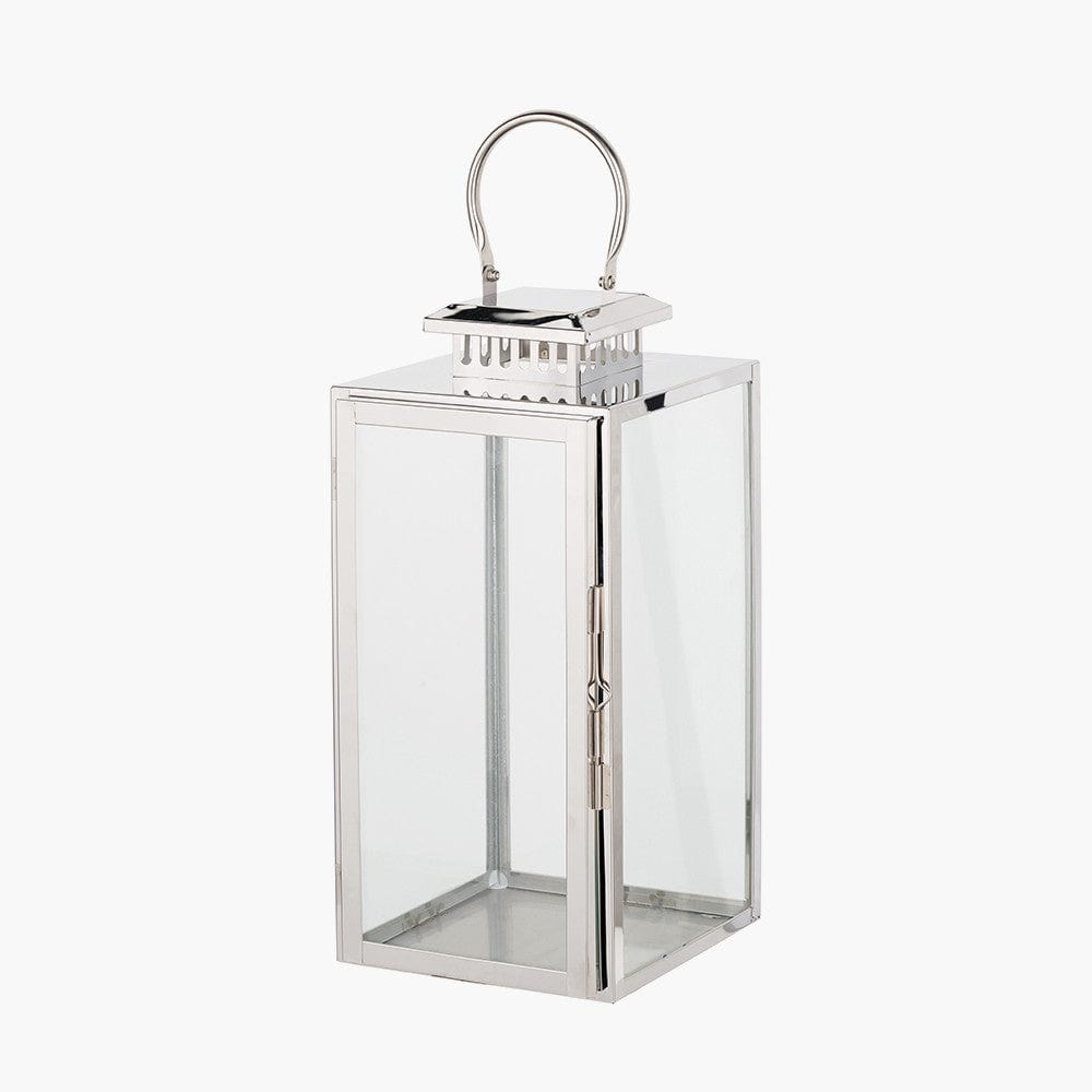 Silver Stainless Steel and Glass Medium Rectangular Lantern.