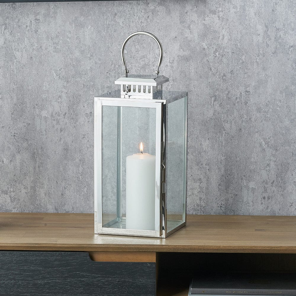Silver Stainless Steel and Glass Medium Rectangular Lantern.