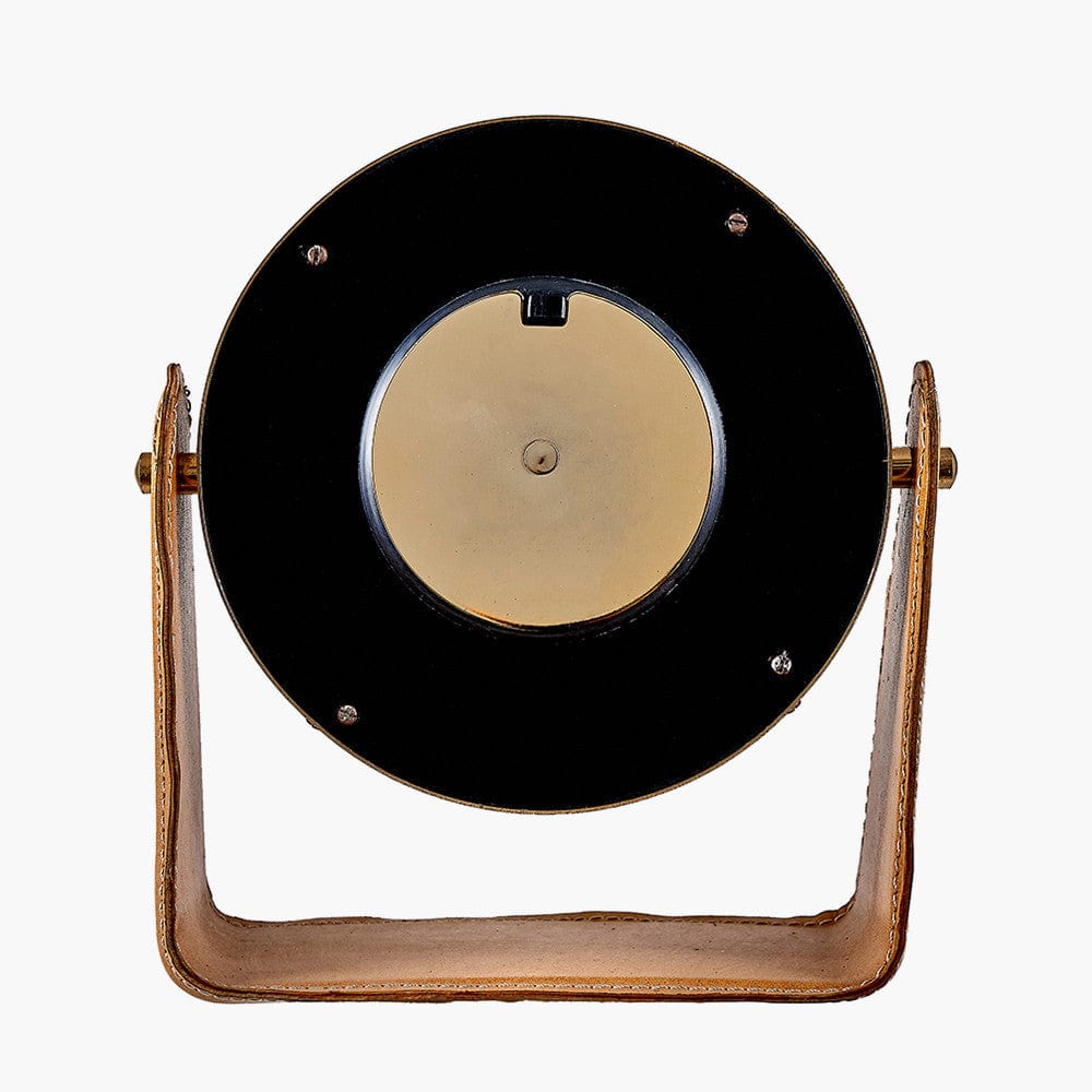 Tan Leather and Antique Brass Table Desk Clock.