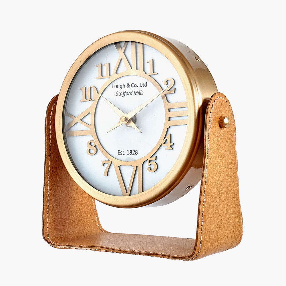 Tan Leather and Antique Brass Table Desk Clock.