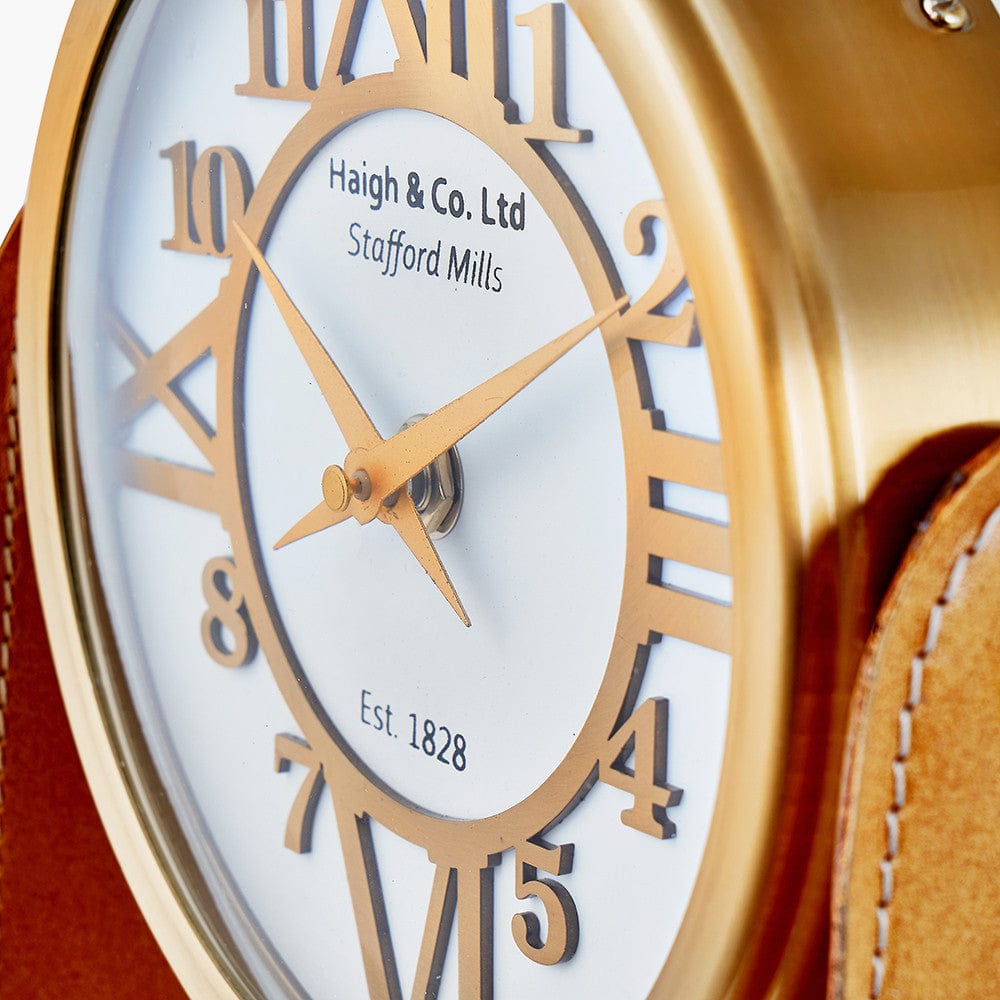 Tan Leather and Antique Brass Table Desk Clock.