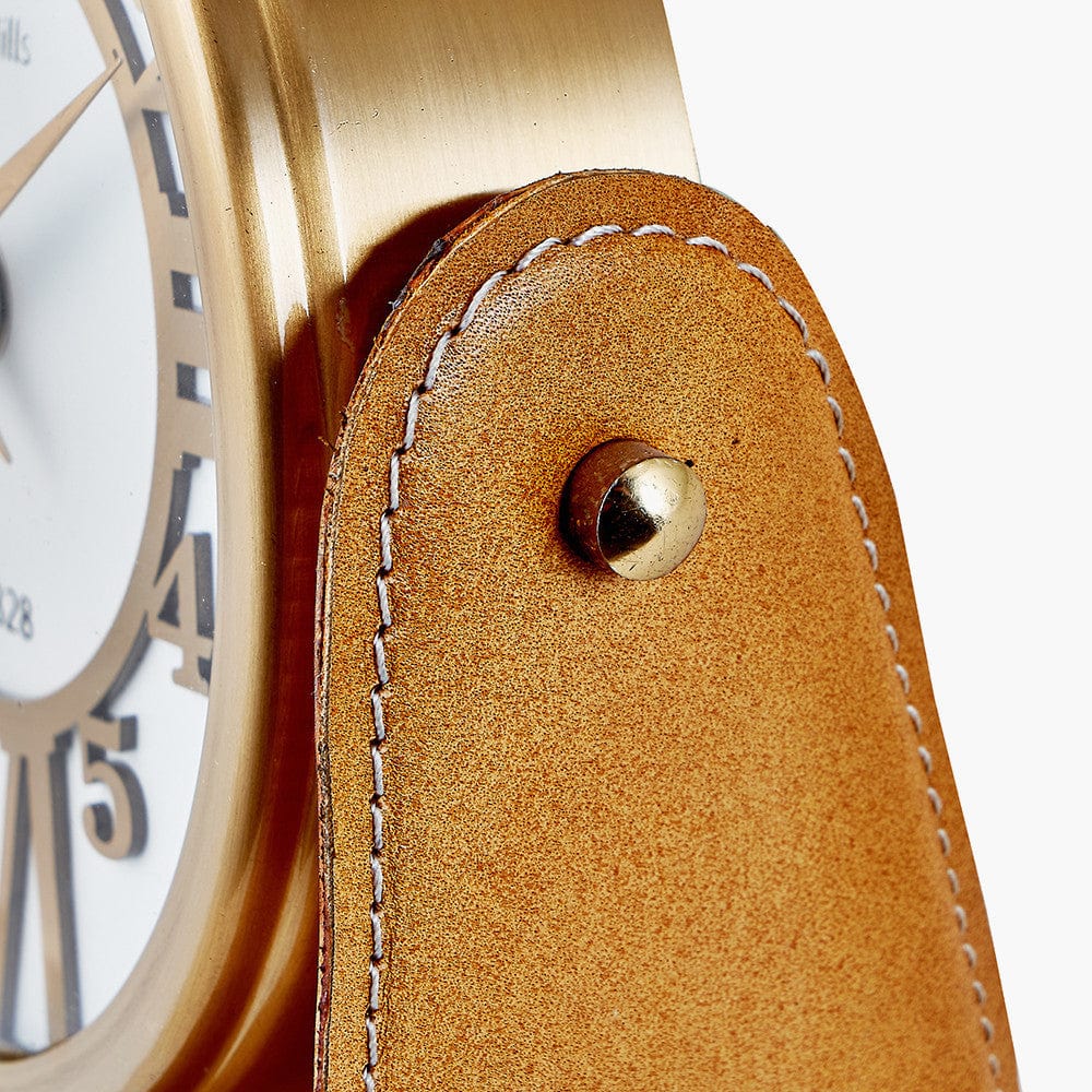 Tan Leather and Antique Brass Table Desk Clock.