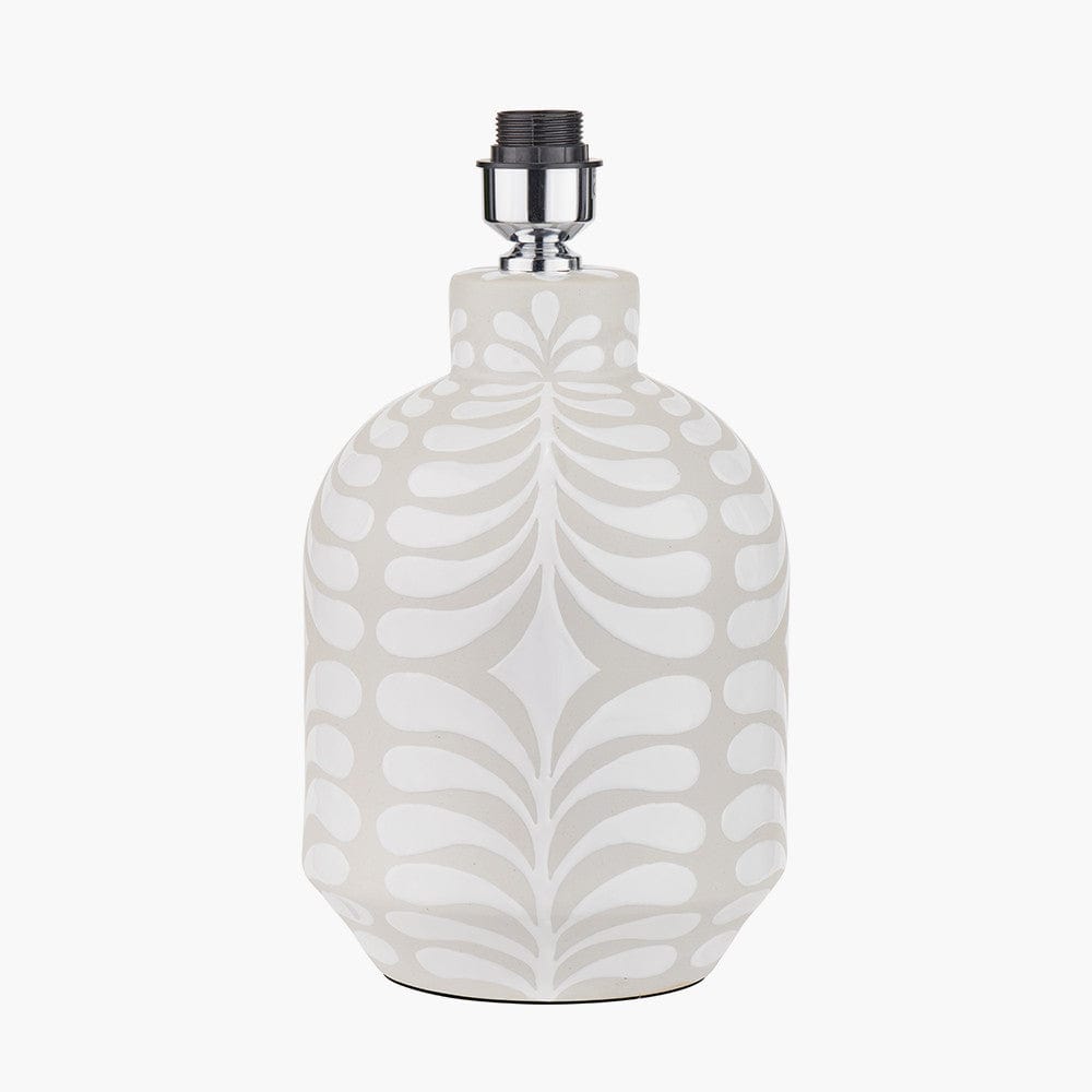 Tania Grey and White Pattern Ceramic Table Lamp Base with Lino 35cm White Self Lined Linen Cylinder Lampshade.