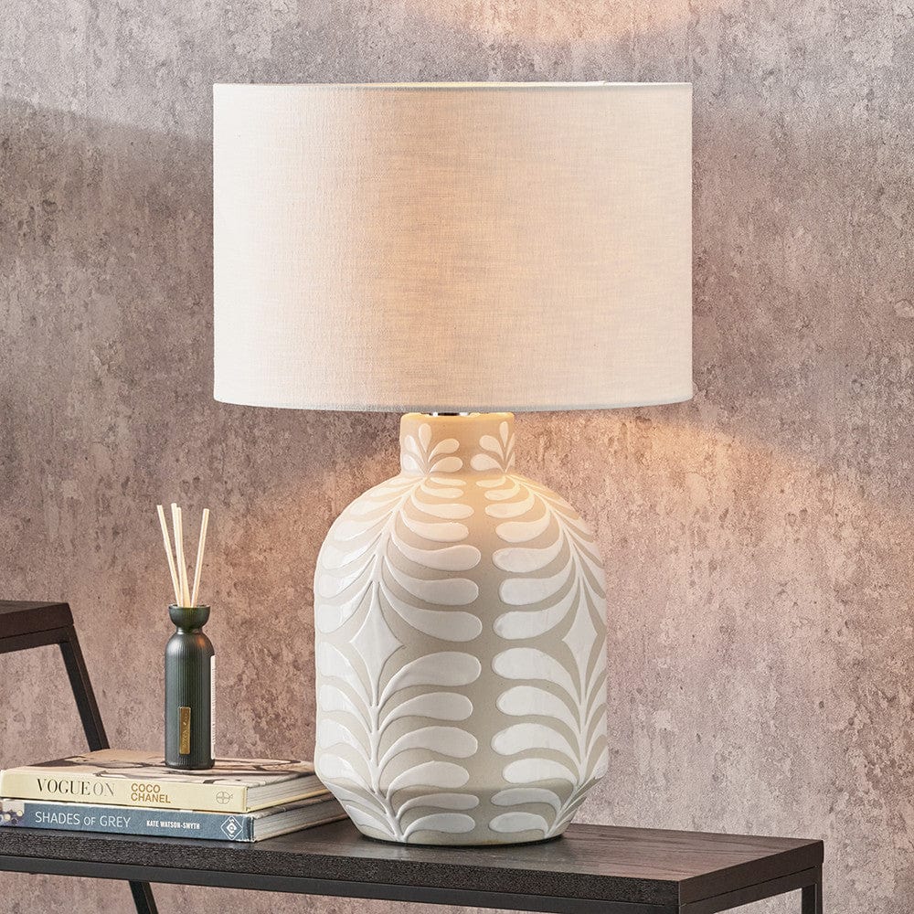 Tania Grey and White Pattern Ceramic Table Lamp Base with Lino 35cm White Self Lined Linen Cylinder Lampshade.