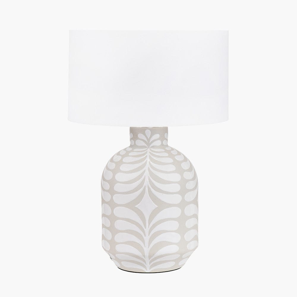Tania Grey and White Pattern Ceramic Table Lamp Base with Lino 35cm White Self Lined Linen Cylinder Lampshade.