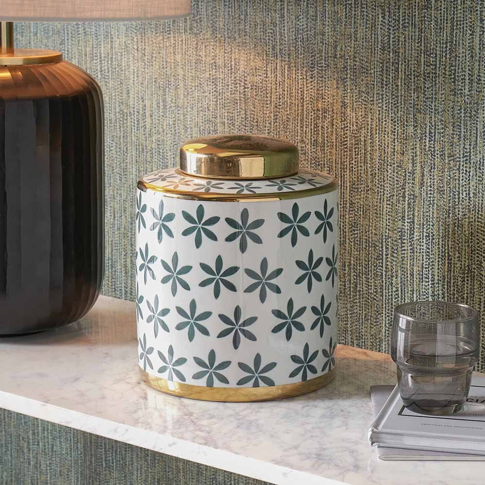 Pacific Lifestyle Accessories Thea Green and Gold Leaf Ceramic Lidded Ginger Jar House of Isabella UK