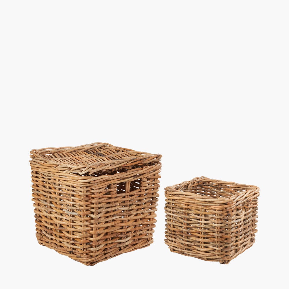 Tobs S/2 Chunky Natural Rattan Square Storage Baskets with Lid.