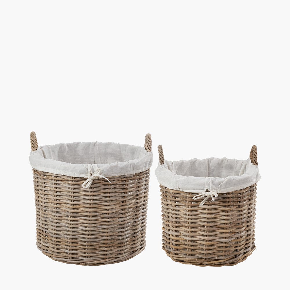 Pacific Lifestyle Accessories Tobs S/2 Grey Kubu Rattan Lined Round Log Baskets House of Isabella UK