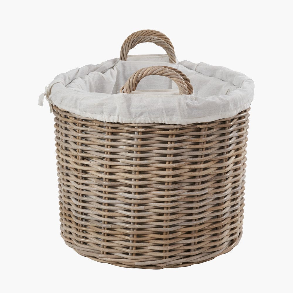 Pacific Lifestyle Accessories Tobs S/2 Grey Kubu Rattan Lined Round Log Baskets House of Isabella UK