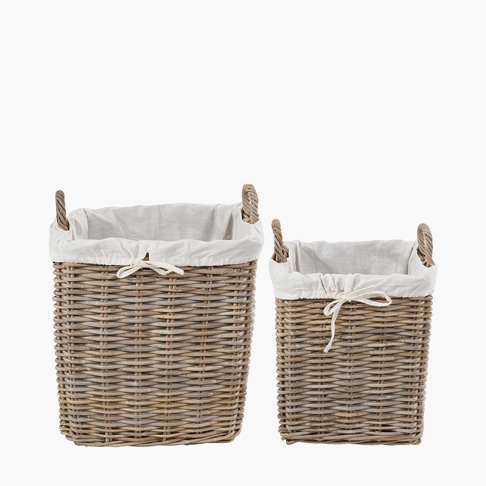 Tobs S/2 Grey Kubu Rattan Lined Square Log Baskets.