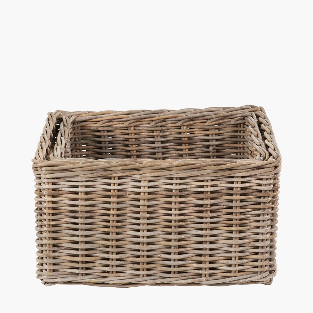 Tobs S/2 Grey Kubu Rattan Rectangular Storage Baskets with Inset Handles.