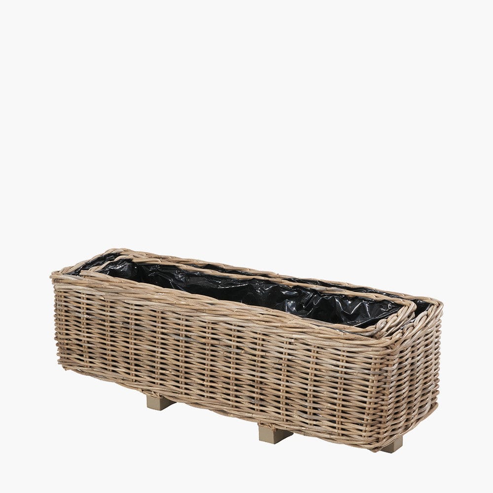 Tobs S/2 Indoor Outdoor Grey Kubu Rattan Basket Trough Planters.