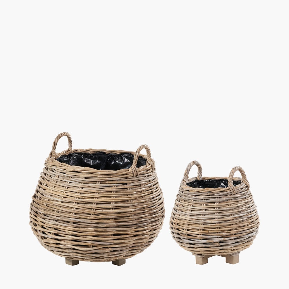Pacific Lifestyle Accessories Tobs S/2 Indoor Outdoor Grey Kubu Rattan Bulbous Basket Planters House of Isabella UK