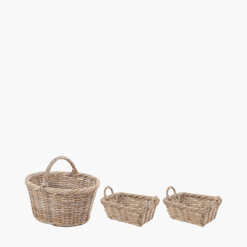 Tobs S/3 Grey Kubu Rattan Oval Shopping Basket with 2 Rectangular Storage Baskets.