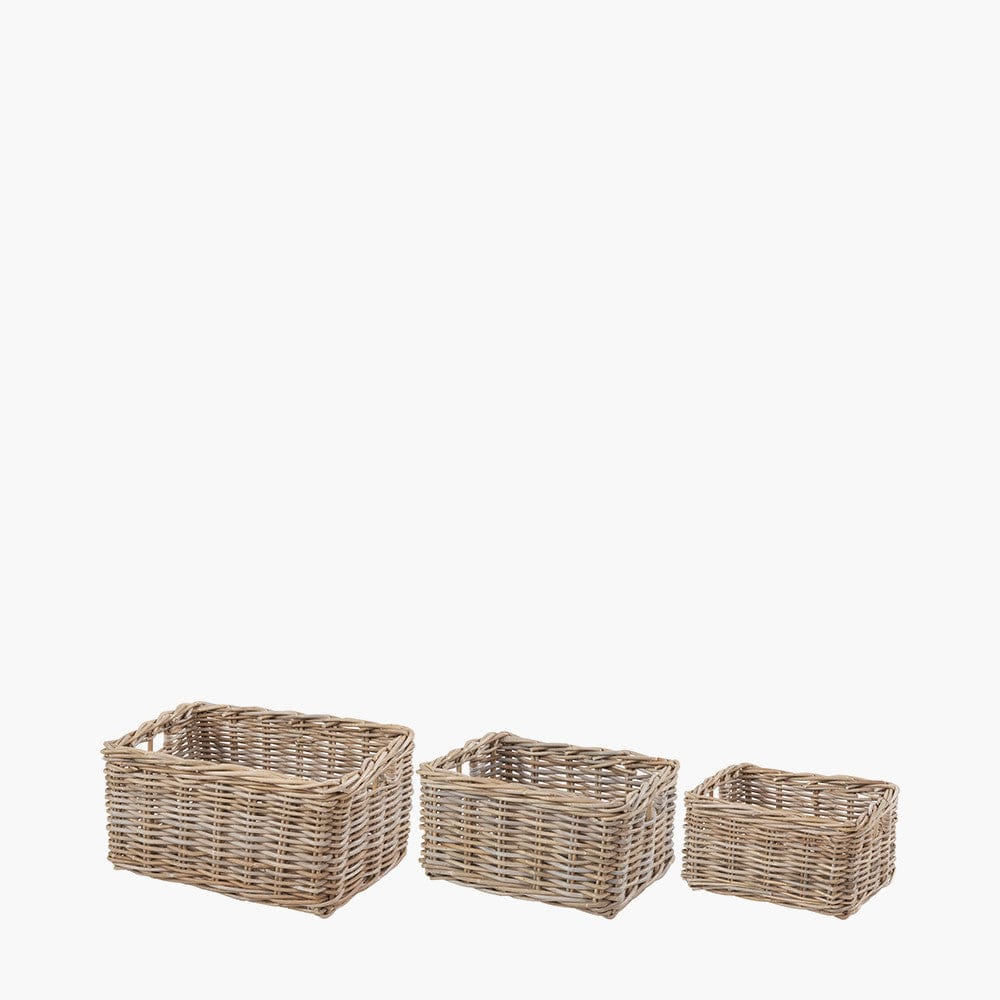 Tobs S/3 Grey Kubu Rattan Rectangular Storage Baskets with Inset Handles.