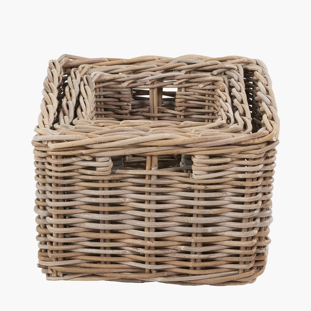 Tobs S/3 Grey Kubu Rattan Rectangular Storage Baskets with Inset Handles.