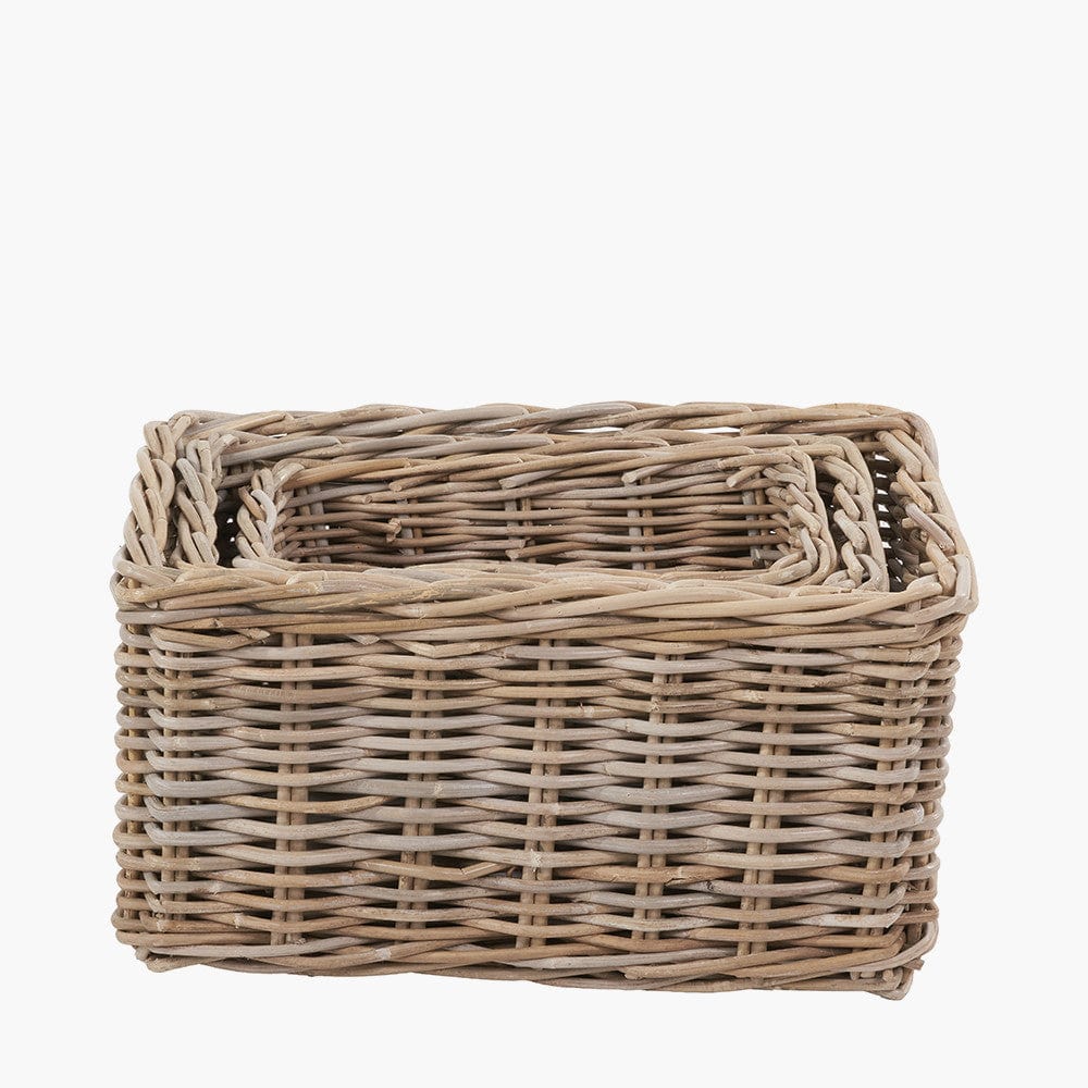 Tobs S/3 Grey Kubu Rattan Rectangular Storage Baskets with Inset Handles.