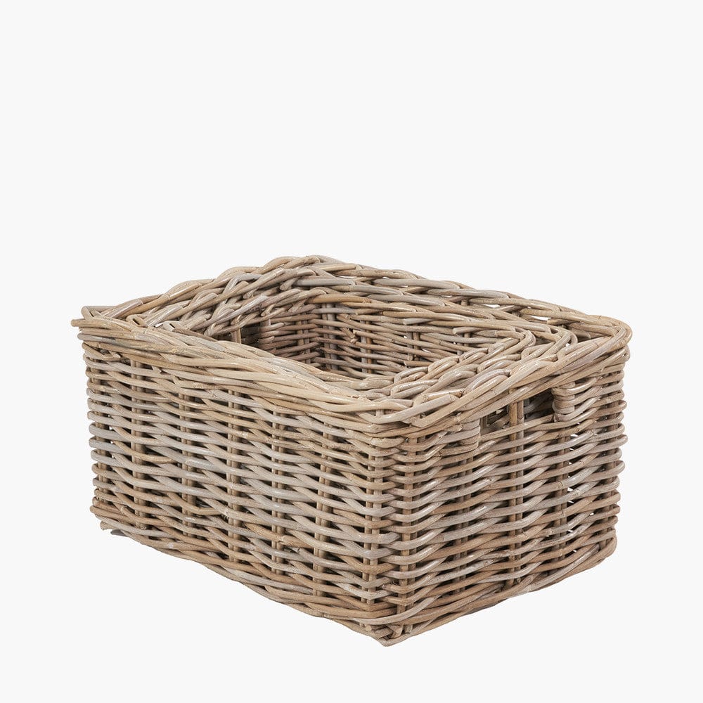 Tobs S/3 Grey Kubu Rattan Rectangular Storage Baskets with Inset Handles.