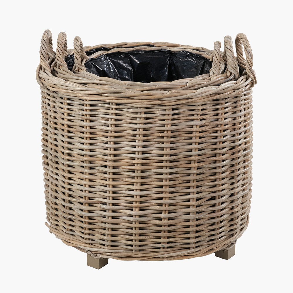 Tobs S/3 Indoor Outdoor Grey Kubu Rattan Round Basket Planters with Handles.