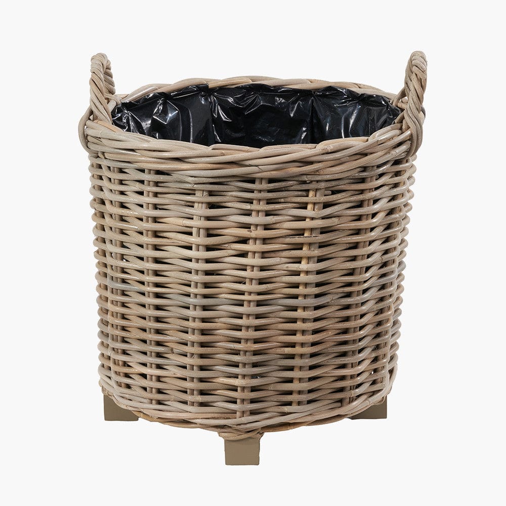 Tobs S/3 Indoor Outdoor Grey Kubu Rattan Round Basket Planters with Handles.