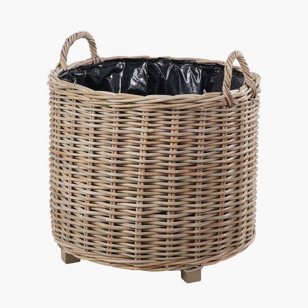 Tobs S/3 Indoor Outdoor Grey Kubu Rattan Round Basket Planters with Handles.