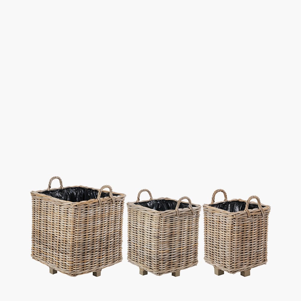 Tobs S/3 Indoor Outdoor Grey Kubu Rattan Square Basket Planters with Handles.