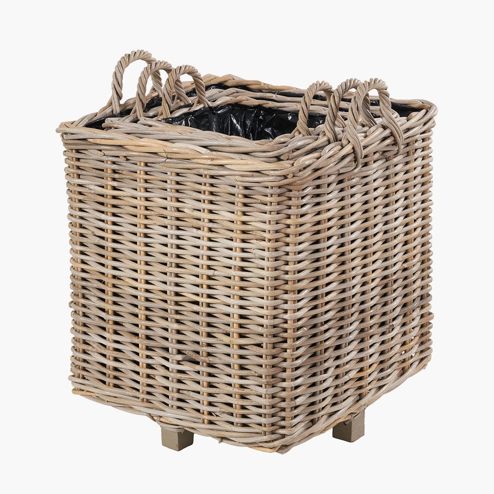 Tobs S/3 Indoor Outdoor Grey Kubu Rattan Square Basket Planters with Handles.