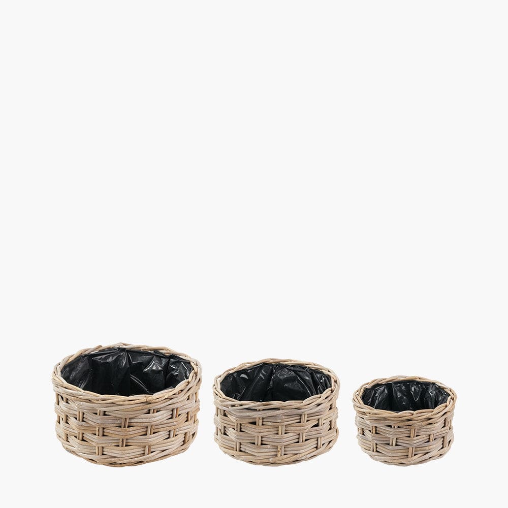 Tobs S/3 Indoor Outdoor Grey Kubu Rattan Triple Weave Round Basket Planters.