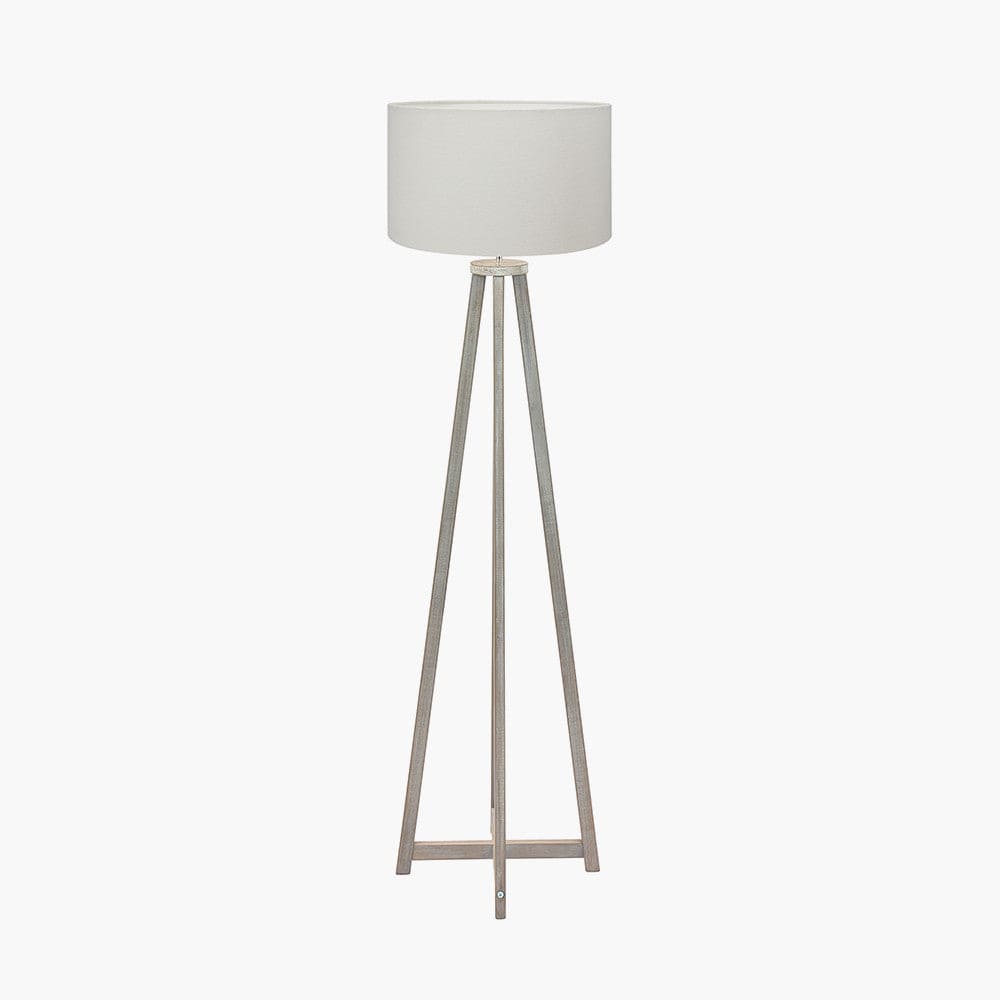 Whitby Grey Wash Wood Tapered 4 Post Floor Lamp Base with Henry 45cm White Handloom Cylinder Lampshade.