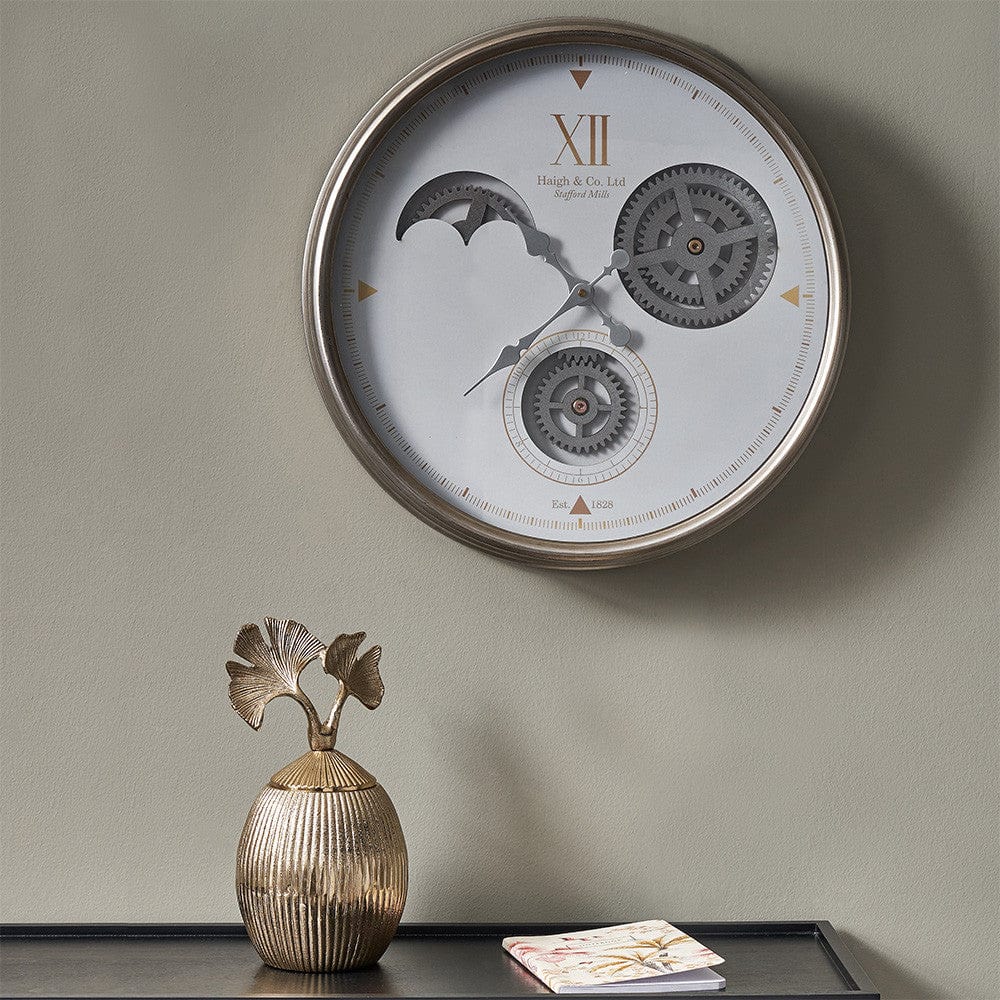 White and Silver Metal Working Cog Wall Clock.