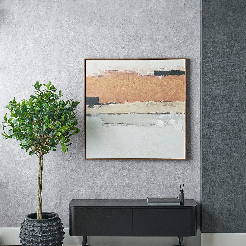 White and Terracotta Abstract Square Canvas with Oak Effect Frame.