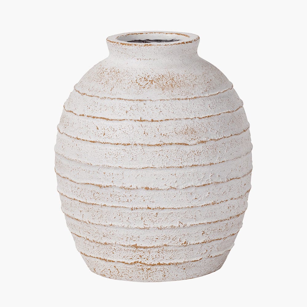 White Wash Fibrestone Decorative Ribbed Vase.