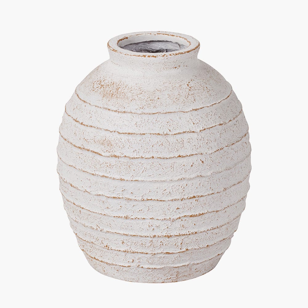 White Wash Fibrestone Decorative Ribbed Vase.