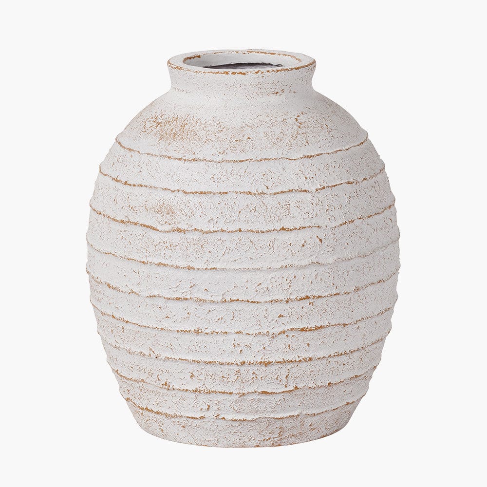 White Wash Fibrestone Decorative Ribbed Vase.