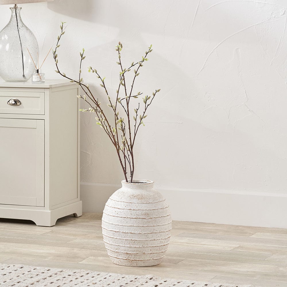 White Wash Fibrestone Decorative Ribbed Vase.