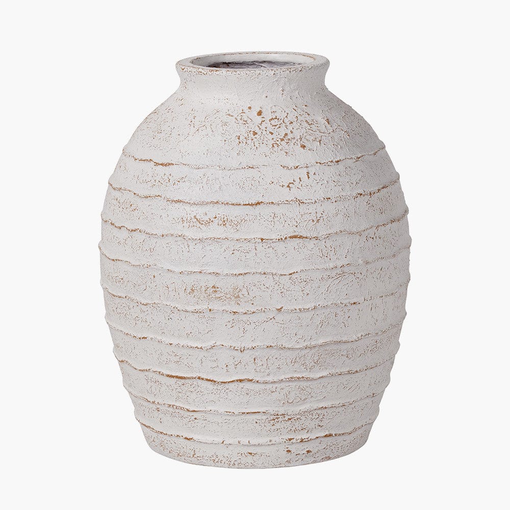 White Wash Fibrestone Decorative Ribbed Vase Large.