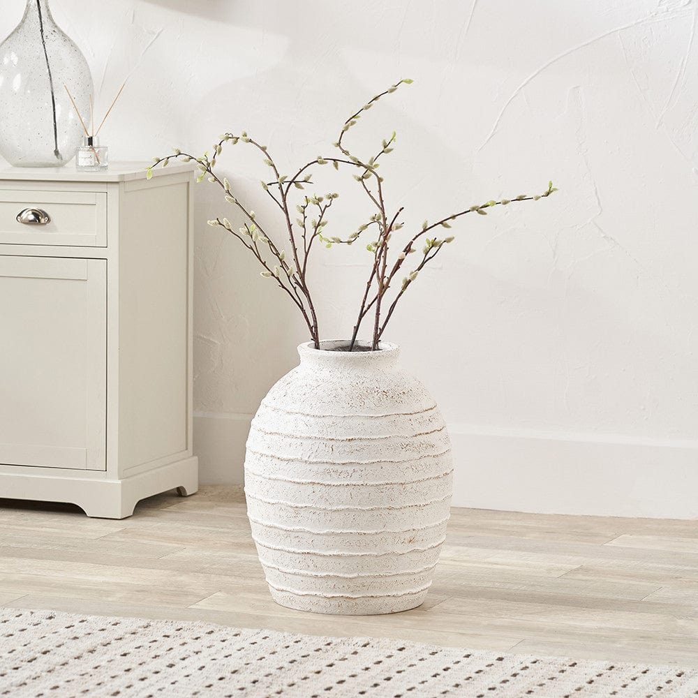 White Wash Fibrestone Decorative Ribbed Vase Large.