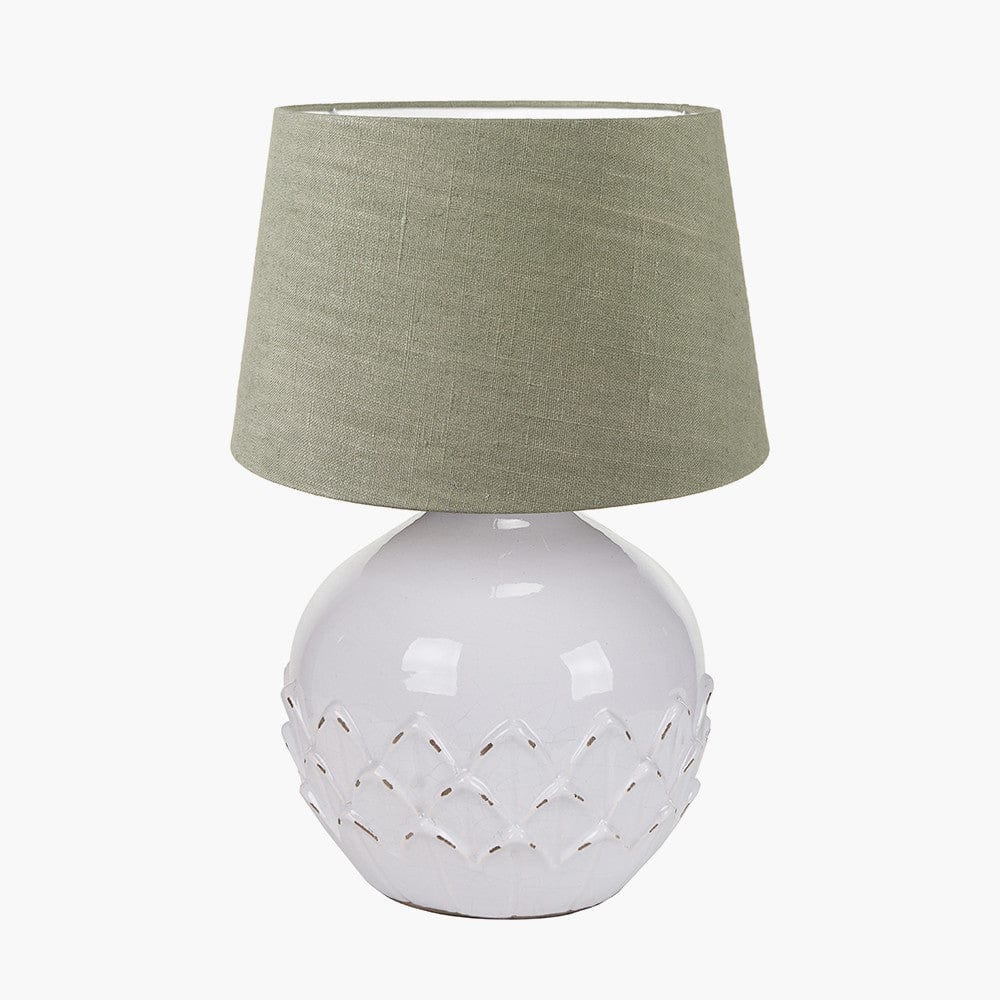 Willow White Leaf Detail Small Stoneware Table Lamp Base with Milos 25cm Pistachio Green Linen Tapered Lampshade.