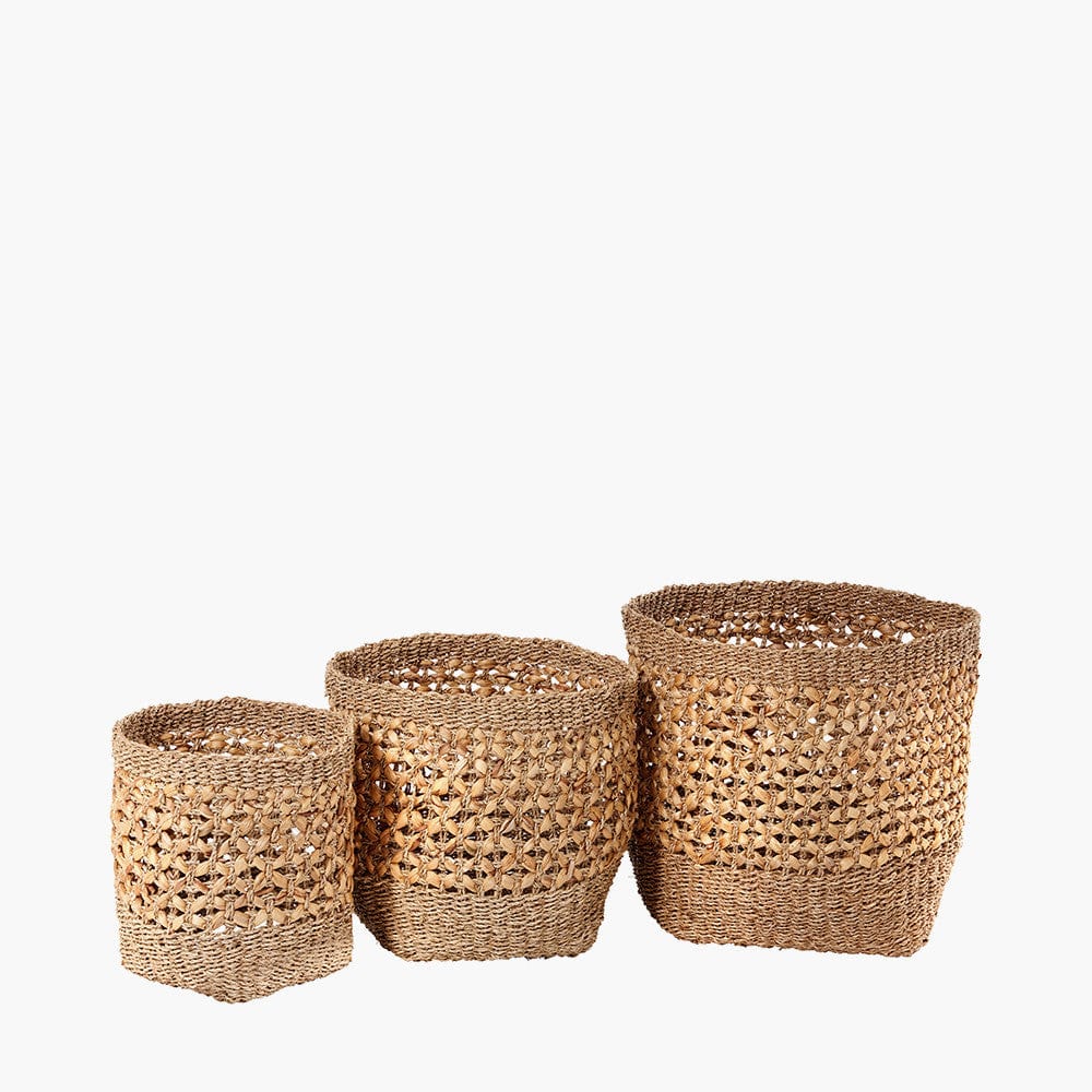 Woven Natural Seagrass and Water Hyacinth S/3 Tall Round Baskets.