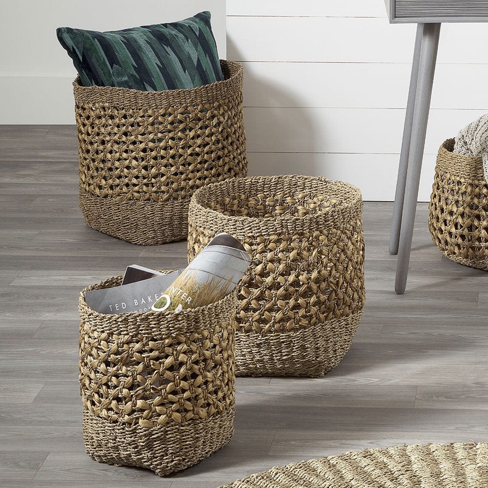 Woven Natural Seagrass and Water Hyacinth S/3 Tall Round Baskets.