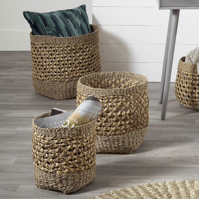 Pacific Lifestyle Accessories Woven Natural Seagrass and Water Hyacinth S/3 Tall Round Baskets House of Isabella UK