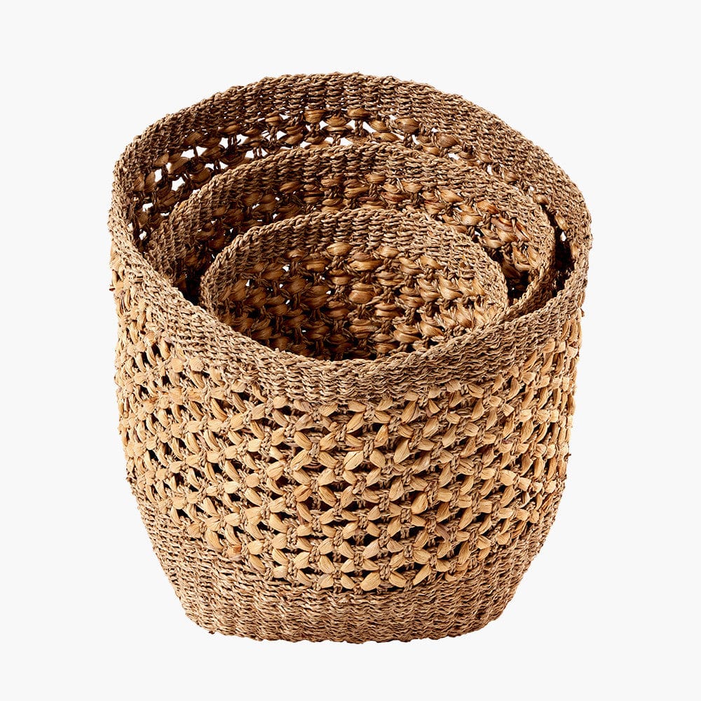 Woven Natural Seagrass and Water Hyacinth S/3 Tall Round Baskets.