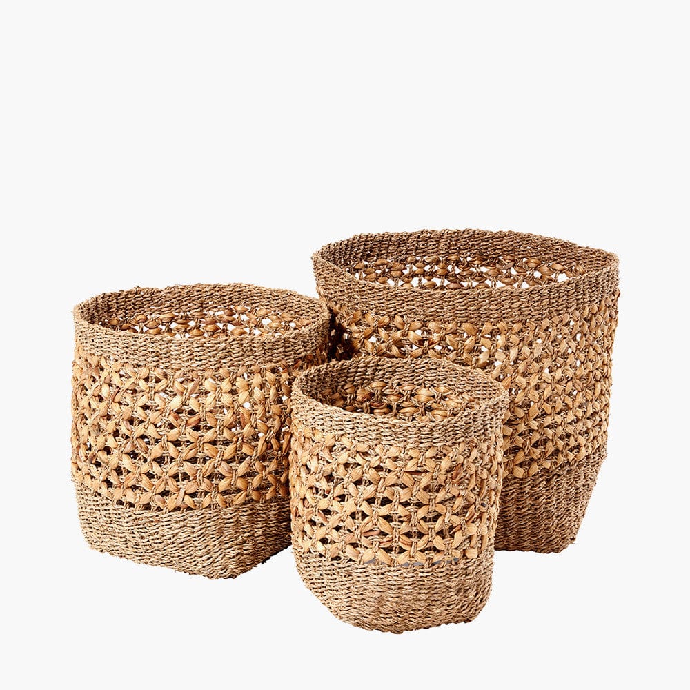 Woven Natural Seagrass and Water Hyacinth S/3 Tall Round Baskets.